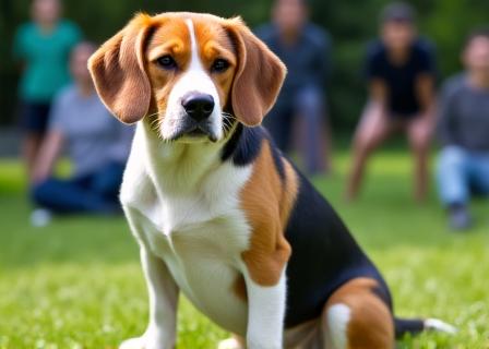 A beagle sitting patiently next to its owner during a training class.