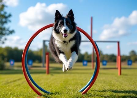 A border collie jumping through a hoop on an agility course.