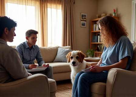 A family receiving dog training advice in their living room.