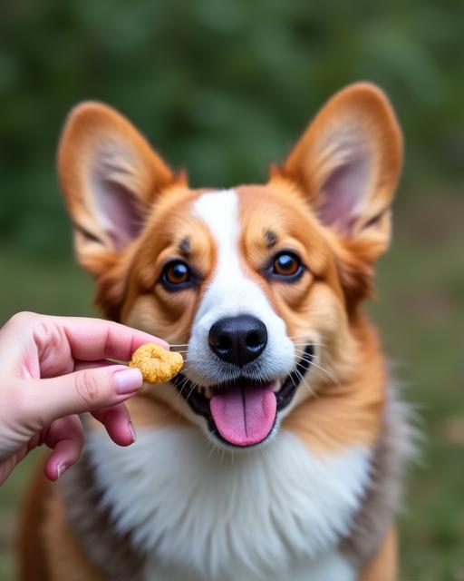 A Pawsome Progress trainer gently giving a treat to a well-behaved corgi.